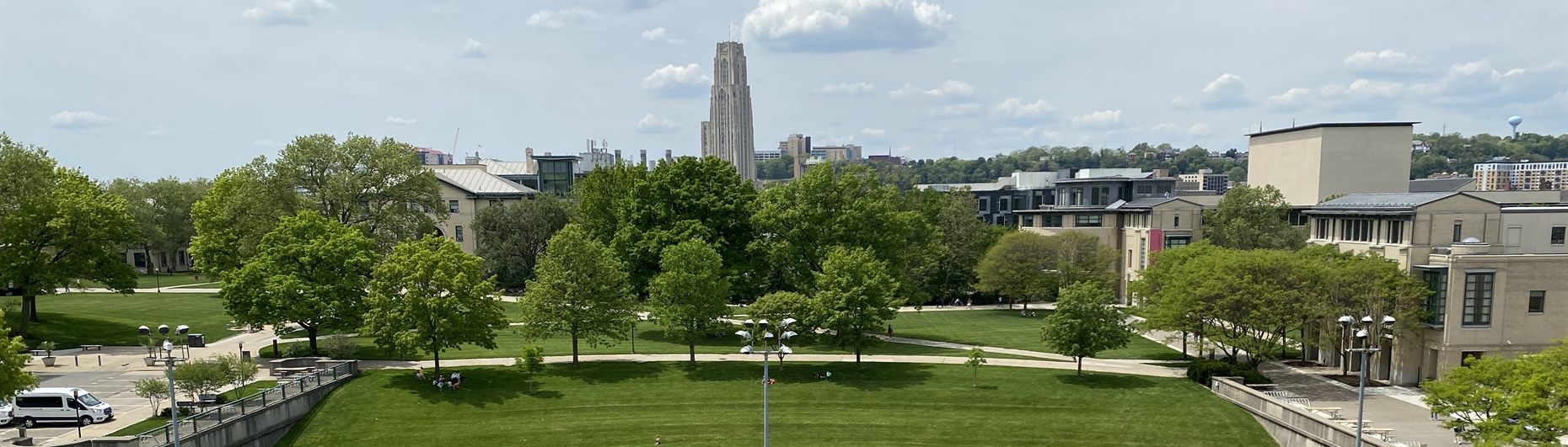 View across the Carnegie Mellon campus lawn toward the Cathedral of Learning